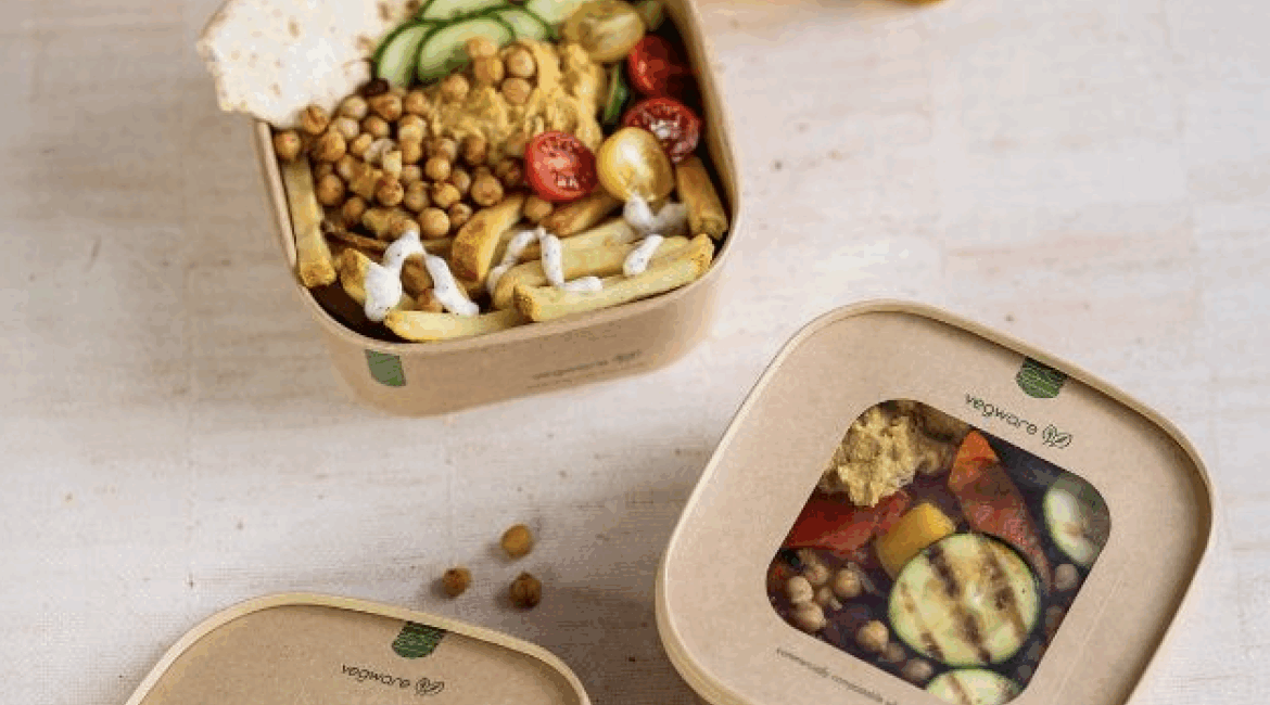 Τετράγωνα χάρτινα δοχεία φαγητού Vegware Kraft από την SKG ECO SHOP.